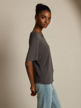 Women’s dark gray pure silk V-neck T-shirt with relaxed fit and short sleeves