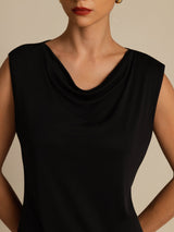 Black silk sleeveless cowl neck top with relaxed fit