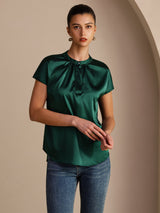 [Dark Green] SilkSilky  Short Sleeve Split Women's Blouse 003