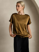 [Brown] SilkSilky  Short Sleeve Boat Neck Women's T-Shirt 004