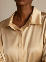 Champagne silk long sleeve blouse with lapel collar and concealed button front