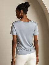 Light blue pure silk V-neck short sleeve women's T-shirt, back view