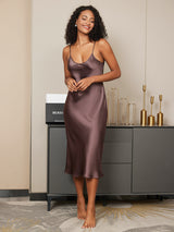 [Coffee] SilkSilky  Spaghetti Strap V Neck Nightgown 001