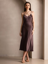 [Coffee] SilkSilky  Spaghetti Strap V Neck Dress 006