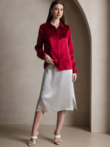 Women’s red silk long sleeve lapel shirt with concealed button front