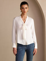 [White] SilkSilky  Long Sleeve Tie Neck Women's Blouse 001