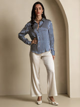[Navy Stripe] SilkSilky  Long Sleeve Lapel Collar Women's Shirts 009