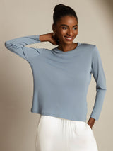 [Grayish Blue] SilkSilky  Long Sleeve Crew Neck Women's T-Shirt 001