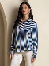 [Navy Stripe] SilkSilky  Long Sleeve Lapel Collar Women's Shirts 004