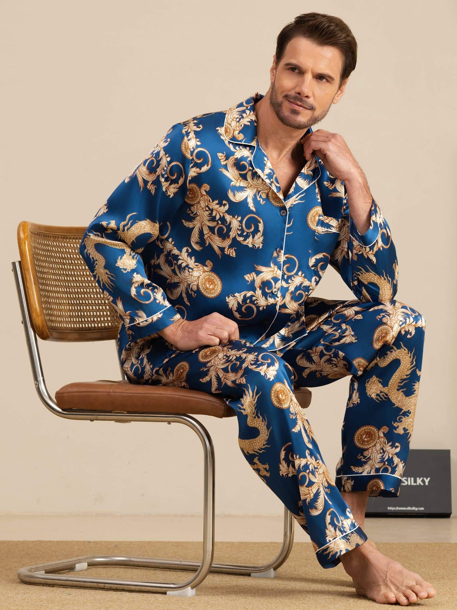 [Navy Dragon] SilkSilky  Long Sleeve Lapel Collar Men's Pajamas 001