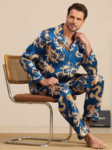 [Navy Dragon] SilkSilky  Long Sleeve Lapel Collar Men's Pajamas 001
