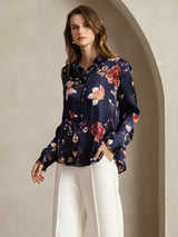 [Navy Floral] SilkSilky  Long Sleeve Lapel Collar Women's Shirts 003