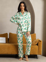 Women's green floral silk pajama set with notch collar and long sleeves