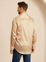Men's orange silk shirt with heart geometric print, lapel collar and long sleeves