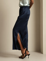 Women's navy silk wide leg split pants with elastic waist and side slits