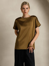 [Brown] SilkSilky  Short Sleeve Boat Neck Women's T-Shirt 006