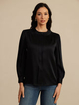 [Black] Black silk blouse with round neck, long lantern sleeves, and front button closure 003
