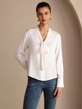 [White] SilkSilky  Long Sleeve Tie Neck Women's Blouse 003