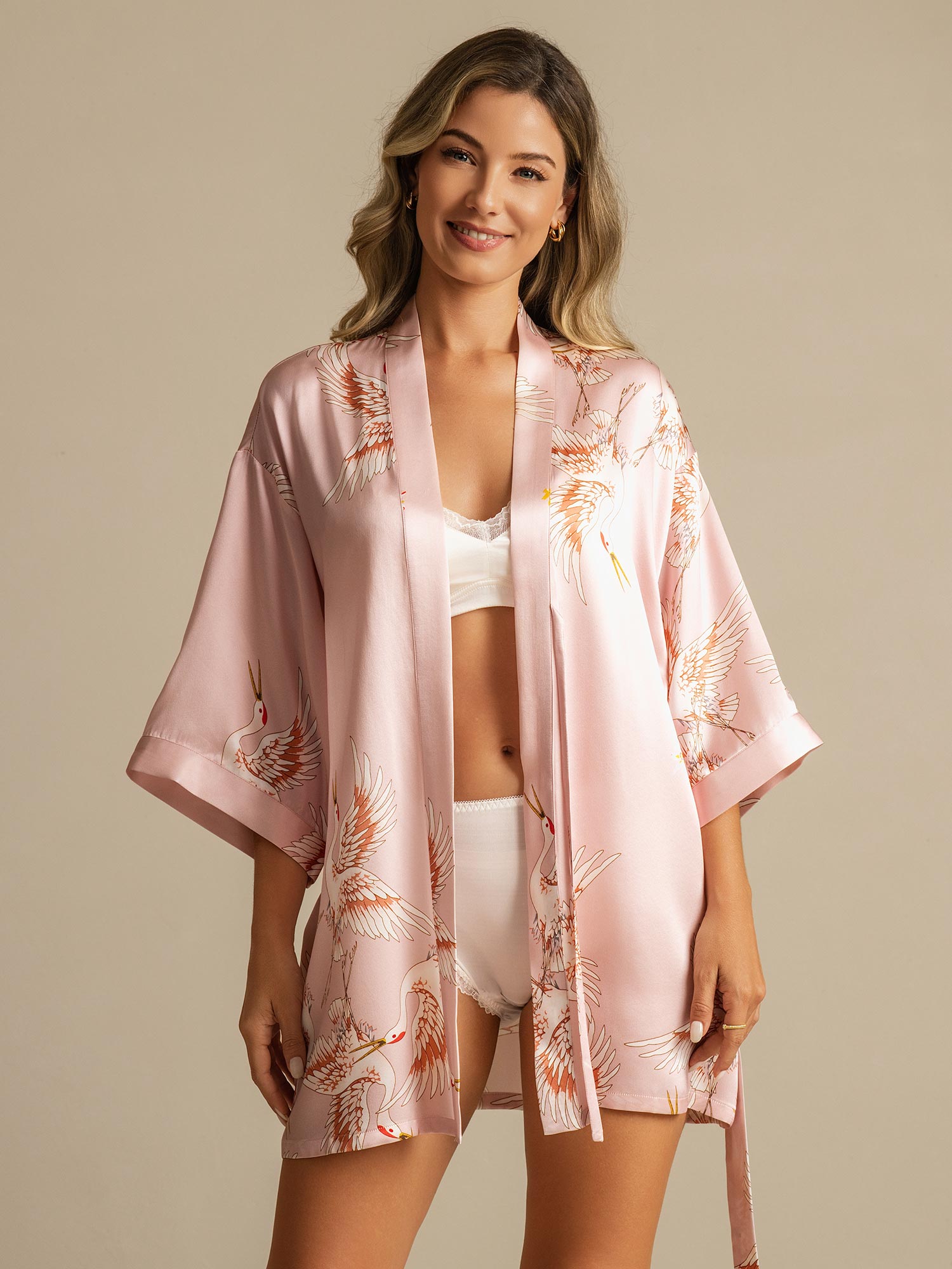 [Pink] SilkSilky  3/4 Sleeve Women's Robe 001