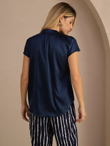[Dark Blue] SilkSilky  Short Sleeve Split Women's Blouse 002