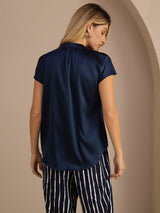 [Dark Blue] SilkSilky  Short Sleeve Split Women's Blouse 002