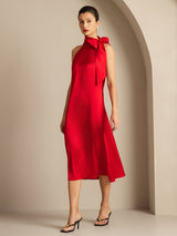 Red silk sleeveless tie-neck midi dress with elegant bow detail