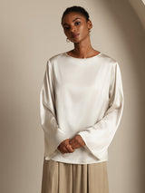 [White] SilkSilky  Long Sleeve Boat Neck Women's Blouse 003