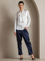 [White] SilkSilky  Long Sleeve Tie Neck Women's Blouse 005