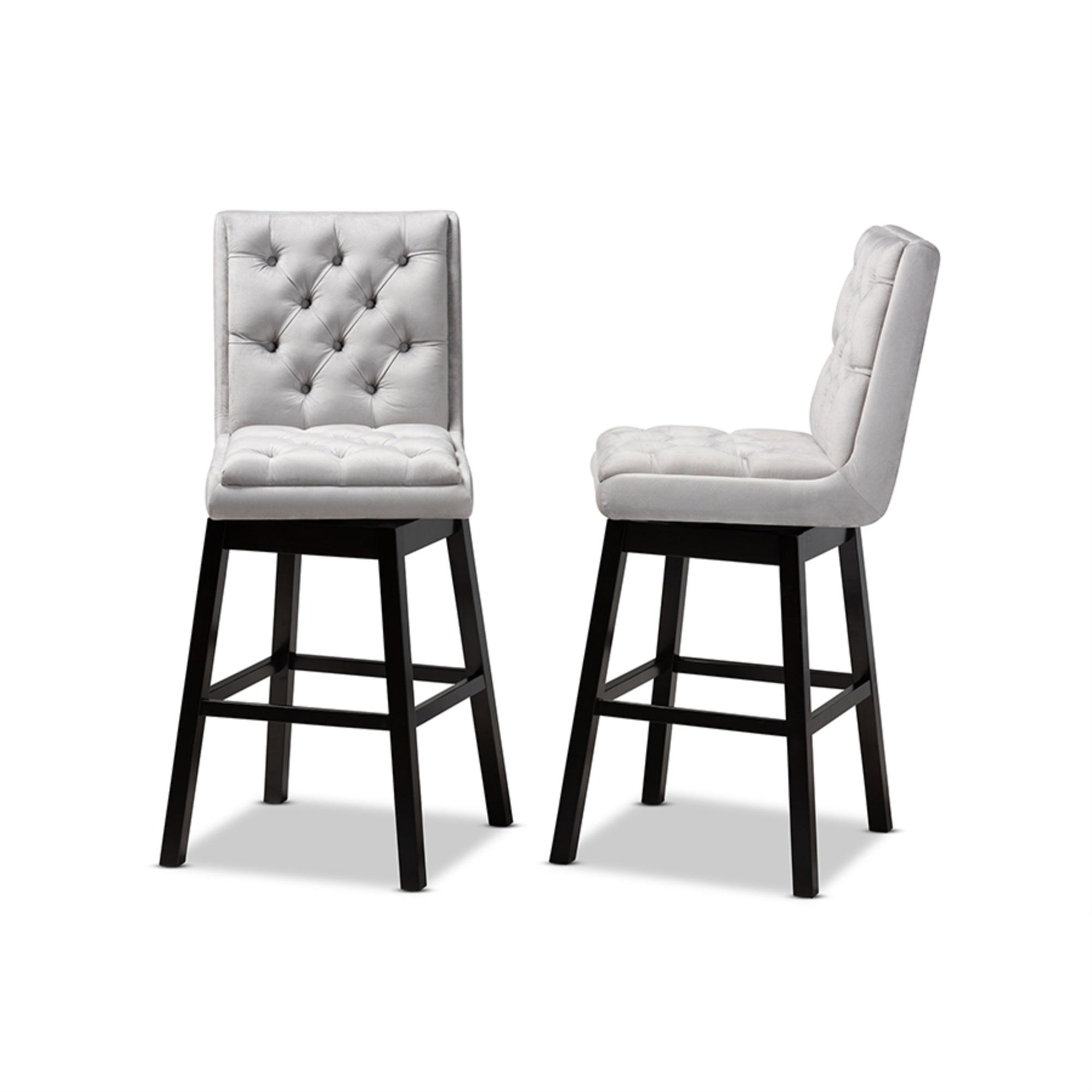 Baxton Studio Gregory Modern Transitional Light Grey Velvet Fabric Upholstered and Dark Brown Finished Wood 2-Piece Swivel Bar S