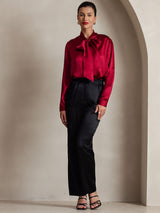 [Wine] SilkSilky  Long Sleeve Tie Neck Women's Blouse 006
