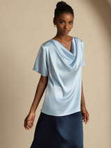 [Grayish Blue] SilkSilky  Short Sleeve Cowl Neck Women's Blouse 005
