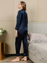 [Dark Blue] SilkSilky  Long Sleeve Lapel Collar Women's Pajamas 004