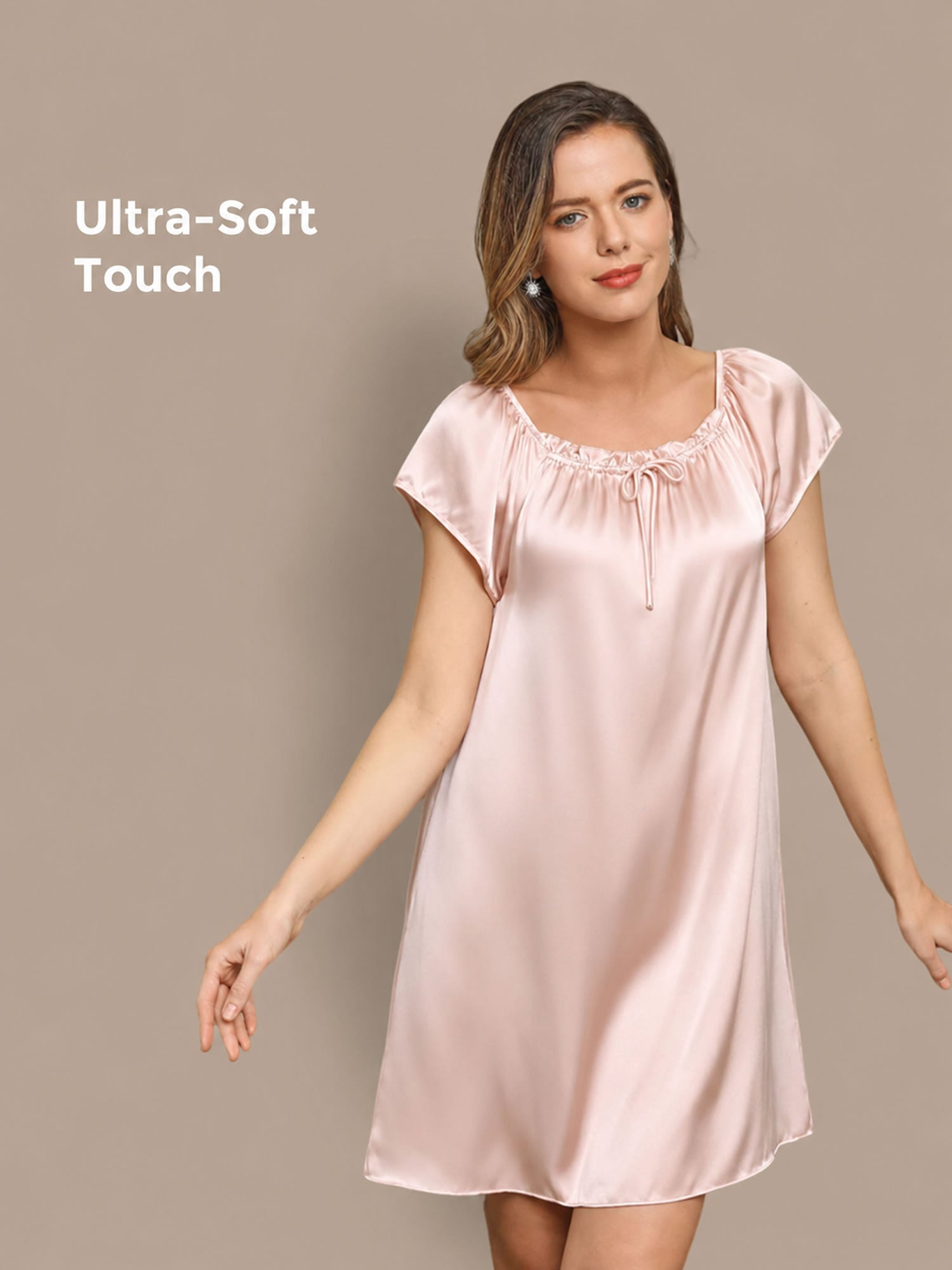 [Light Pink] SilkSilky  Cap Sleeve Square Neck Nightgown 001