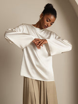 [White] SilkSilky  Long Sleeve Boat Neck Women's Blouse 004