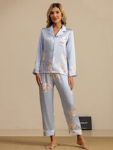 [Light Blue] SilkSilky  Long Sleeve Lapel Collar Women's Pajamas 005