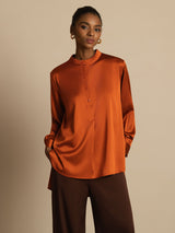 [Caramel] SilkSilky  Long Sleeve Stand Collar Women's Blouse 001