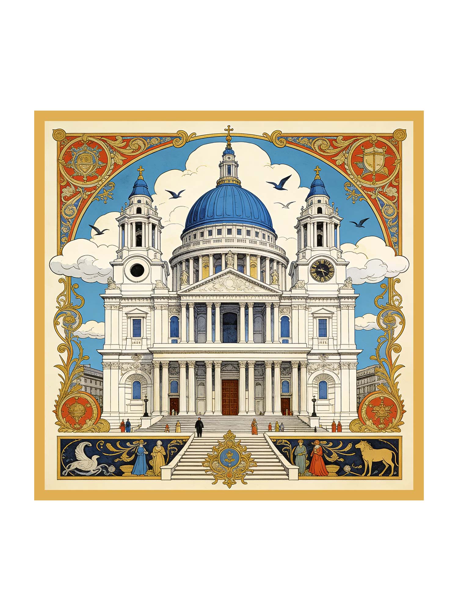 White silk square scarf with cathedral print, blue dome and gold ornate border