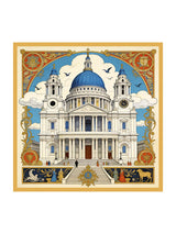 White silk square scarf with cathedral print, blue dome and gold ornate border