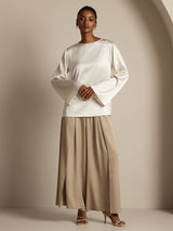 [White] SilkSilky  Long Sleeve Boat Neck Women's Blouse 007
