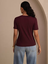[Wine] SilkSilky  Short Sleeve V Neck Women's T-Shirt 002