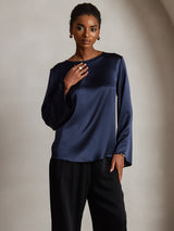 [Dark Blue] SilkSilky  Long Sleeve Boat Neck Women's Blouse 003