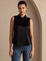 [Black] SilkSilky  Sleeveless Lapel Collar Women's Shirts 003
