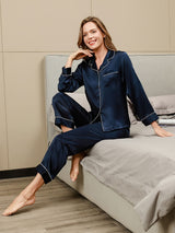 [Dark Blue] SilkSilky  Long Sleeve Lapel Collar Women's Pajamas 003