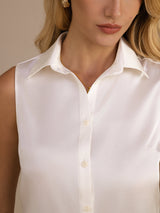 [White] SilkSilky  Sleeveless Lapel Collar Women's Shirts 004