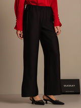 Black silk-wool blend straight-leg women's pants with drawstring waist and side pockets