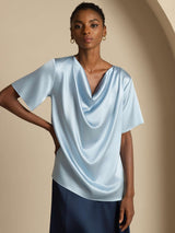[Grayish Blue] SilkSilky  Short Sleeve Cowl Neck Women's Blouse 001