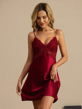 [Wine] SilkSilky  Spaghetti Strap Deep V Neck Nightgown 003