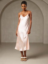 [Pink] SilkSilky  Spaghetti Strap V Neck Dress 004