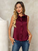 [Dark Red] SilkSilky  Sleeveless Lapel Collar Women's Shirts 006