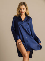 [Dark Blue] SilkSilky  Long Sleeve Lapel Collar Nightshirt 003